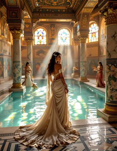 A woman stands in front of a large pool with a white dress and gold jewelry, her back turned towards the camera. The pool is surrounded by columns adorned with colorful stained glass windows that cast a warm glow throughout the room.