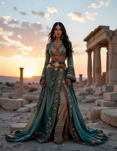 In this captivating image, a woman stands gracefully in front of ancient ruins, possibly located in Greece or Egypt. The backdrop features a stunning sunset, casting a warm glow over the scene. The woman is adorned in a striking green dress with intricate gold floral patterns, which includes a matching bra top. Her ensemble is complemented by a large, ornate belt with gold accents and a prominent gold belt buckle. She wears a thick, elaborate necklace that drapes down to her chest, and her long, wavy black hair cascades down her shoulders. A gold headpiece rests elegantly on her forehead, adding to her regal appearance. Her hands are positioned at her sides, and she gazes directly at the camera with a serene expression. The ground beneath her is covered in sand, scattered with large, tan-colored rocks and remnants of ancient columns, enhancing the historical ambiance of the setting.