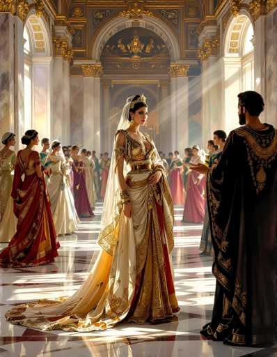 The image depicts a grand, ornate interior that appears to be a castle or a church, characterized by its marble floors and intricate gold decorations. At the center of the scene stands a woman in a long, flowing white gown adorned with gold accents and a golden belt. She wears a golden crown and a veil, and her dark hair is styled in an elegant updo. Her expression is serious as she gazes at a man standing to her right. The man, seen from behind, is dressed in a dark robe with gold trim and has dark hair and a beard. His hands are outstretched towards the woman, suggesting a moment of significance or ceremony. Surrounding them are numerous women in colorful dresses, including shades of red, pink, and green, all with their hair styled in buns and wearing veils. The setting is bathed in natural light streaming through large windows on either side, highlighting the majestic and ceremonial atmosphere.
