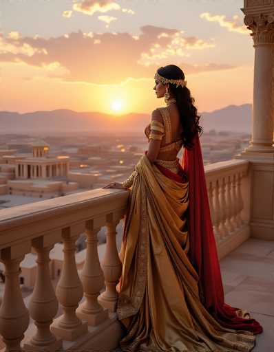 In this captivating image, a woman stands gracefully on a balcony, gazing out over a distant cityscape at sunset. She is adorned in a stunning gold dress with intricate red accents, including a flowing red cape that drapes elegantly over her back. Her ensemble is complemented by a gold headband and long, dangling gold earrings, adding to her regal appearance. The balcony itself is constructed from light brown stone, featuring a stone railing and a matching stone floor. To her right, a large stone pillar stands prominently, adding to the architectural beauty of the scene. The city below is a blend of light brown and gray buildings, with a notable structure on the left that has a distinctive dome. The sky above is a mesmerizing gradient of orange and yellow hues, with the sun setting on the horizon, casting a warm glow over the entire landscape.
