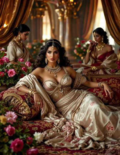 The image depicts three women dressed in traditional Indian attire, seated on a couch with red and gold cushions. The woman closest to the camera is wearing a white dress adorned with pink flowers and gold jewelry. In the background, two other women are also dressed in similar outfits, one wearing a red and gold headpiece and the other wearing a white dress with pink flowers.