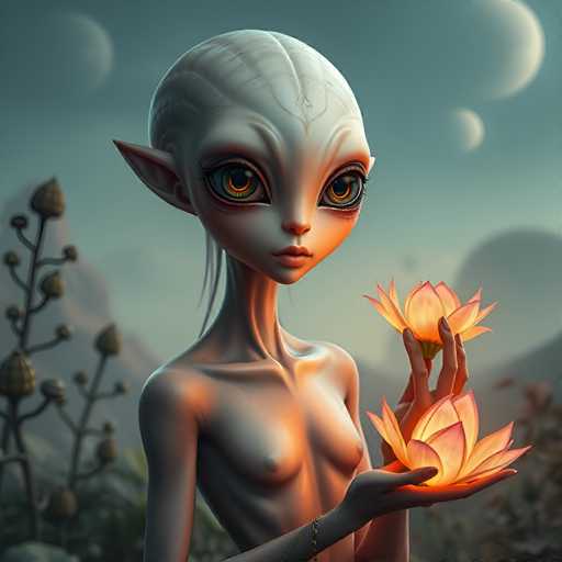 A slender, pale alien with large, expressive eyes gently holds a glowing, orange lotus flower. The art style is digital painting, with soft lighting highlighting the alien's smooth skin and delicate features. The background features a muted, ethereal landscape with soft, hazy mountains and a pale sky, creating a serene and otherworldly atmosphere.