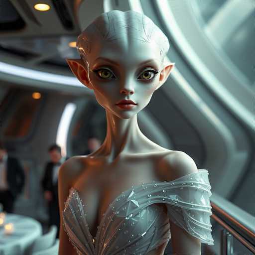 The image depicts an alien woman with a white head and body wearing a white dress with silver stars on it. She is standing in front of a window that offers a view of the outside world. The room has a futuristic design, characterized by curved walls and a glass ceiling that allows natural light to enter. In the background, there are two people present - one person dressed in a black suit and another wearing a white shirt with blue stripes.