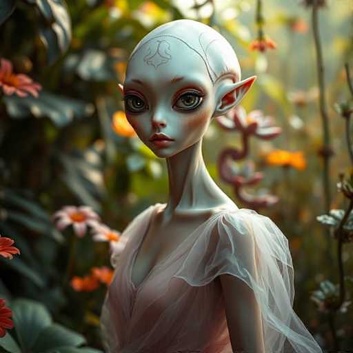 A doll with long white hair and a pink dress is standing in front of a garden filled with orange flowers. The doll has green eyes and a small nose, giving it an ethereal appearance.