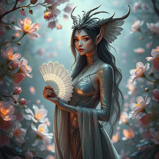 A woman with long hair and a headdress is standing in front of pink flowers. She is holding a fan in her right hand and wearing a dress that has a silver bodice and a gold skirt. The background features trees and bushes, creating an impressionistic style.