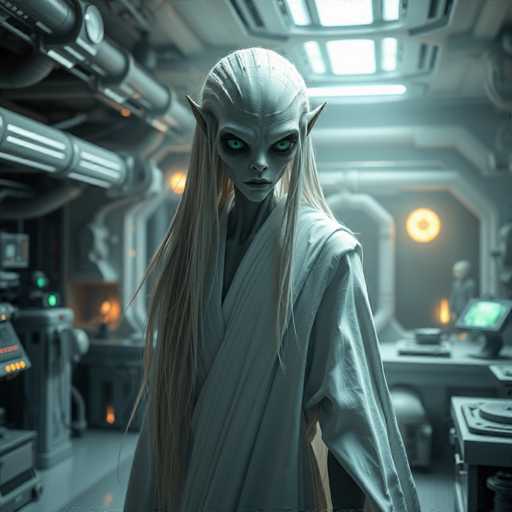 A serene, pale humanoid figure with large green eyes stands in a futuristic, dimly lit room. The subject is draped in a flowing white robe and has long, straight hair. The background features metallic structures and glowing panels, creating a cool, otherworldly atmosphere with a focus on the enigmatic figure. The art style is detailed and slightly ethereal.