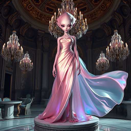 A strikingly elegant, pale-skinned figure in a flowing, iridescent gown stands centrally on a marble pedestal within an opulent, dimly lit ballroom. Ornate chandeliers hang above, casting soft light on the figure's otherworldly, stylized features and dramatic, voluminous fabric. The art style is a blend of fantasy and hyperrealism, emphasizing soft lighting and intricate details.
