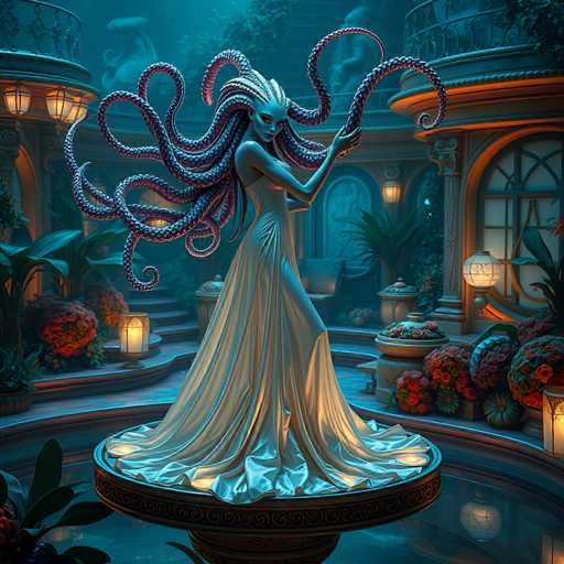 A fantastical, ethereal mermaid figure with flowing tentacles and a shimmering gown graces a fountain in a dreamlike garden. The scene is bathed in soft, warm light, with ornate architectural details and lush foliage creating a mystical atmosphere. The art style is highly detailed and painterly, evoking a sense of fantasy and wonder.