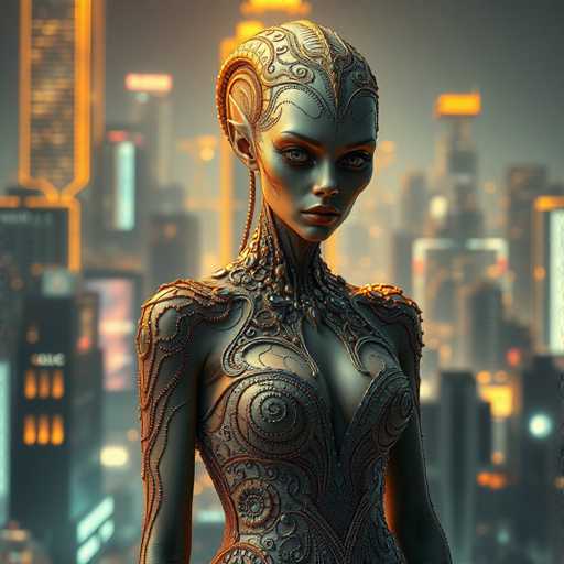 A strikingly beautiful alien cyborg, adorned with intricate, swirling patterns on her skin and a stunning, hand-beaded gown, stands in sharp focus against a blurred, futuristic cityscape bathed in warm, golden neon light. The hyper-realistic image showcases an exotic beauty within a cinematic, sci-fi setting.