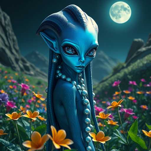 The image depicts an alien with blue hair and a necklace made of small silver balls standing amidst a field of flowers. The background features a full moon rising over the mountains.