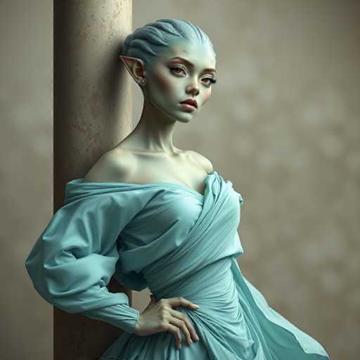 A beautiful, ethereal being with pale blue skin and delicate elf-like ears leans against a textured, light beige pillar. She wears a flowing, off-the-shoulder gown in the same pale blue fabric, with long, draped sleeves. Her makeup is subtle yet striking, emphasizing her eyes and lips with a soft pink hue. She gazes directly at the viewer with a serene, slightly melancholic expression. Her hands are elegantly placed on her waist, and her hair is styled in a soft, voluminous updo. The background is a muted beige, creating a calm and dreamlike atmosphere. The lighting is soft and diffused, highlighting the texture of her skin and the folds of her gown.