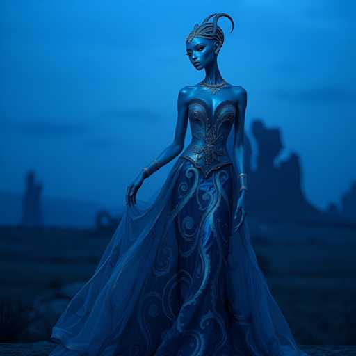 A woman stands in a field at night, wearing a blue dress with intricate gold designs and a headpiece adorned with feathers. The sky is dark blue, and the silhouettes of mountains can be seen in the distance.