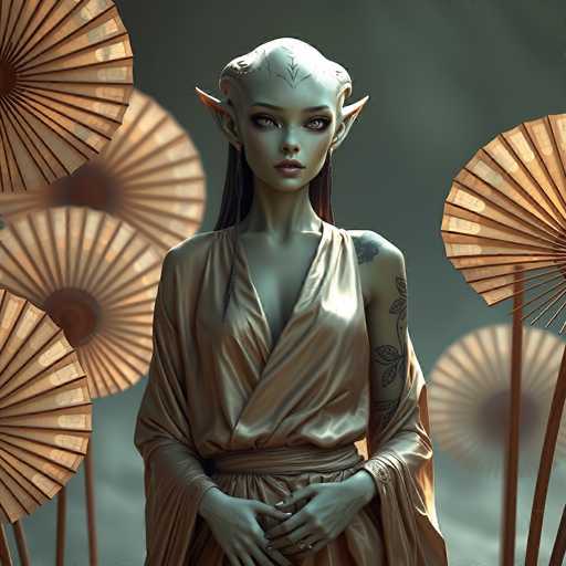 A serene, ethereal being with pointed ears and pale skin stands centrally, draped in a flowing gold robe. She's surrounded by several delicate, partially visible paper fans, creating a soft, dreamlike atmosphere. The art style is digital painting with a focus on subtle lighting and a muted color palette, emphasizing a mystical, otherworldly aesthetic.