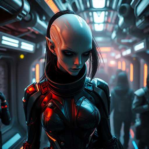 A close-up portrait of a futuristic, pale humanoid figure dominates the image. She wears a sleek, dark, armored suit with glowing red accents and has pointed ears. The background is a blurred, dimly lit spaceship corridor with other figures in the distance, creating a sense of depth and a cyberpunk aesthetic.