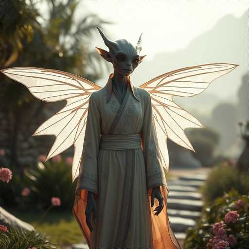 A serene, otherworldly being with delicate, translucent wings stands in a softly blurred garden. The subject is dressed in an elegant, flowing robe and has pointed ears. The art style is a blend of fantasy illustration and soft focus, creating a dreamlike atmosphere with warm, muted tones.