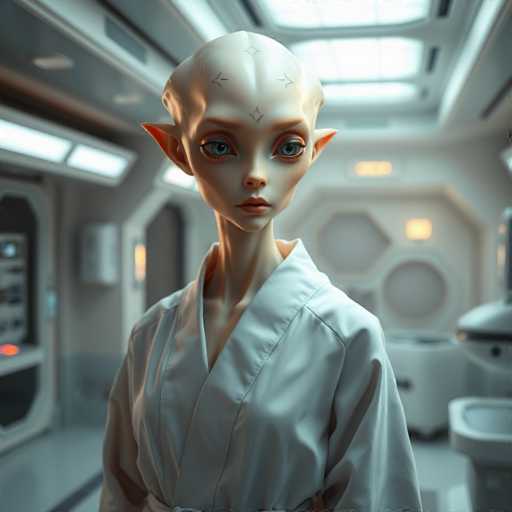 A 3D rendering of an alien with a white head and face wearing a white robe, standing in front of a sink and a window that has a circular pattern on it.