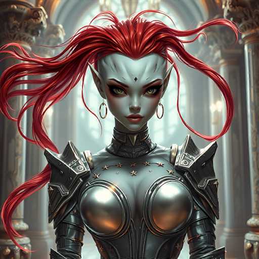 A detailed, high-quality digital painting of a female elf warrior in ornate armor. The elf has pale grey skin, vibrant red hair flowing dramatically around her head, and piercing green eyes. She wears a highly detailed, dark grey and silver armor set with intricate metallic details, including shoulder pauldrons, a chest plate with prominent silver breastplates, and ornate gauntlets. Her armor features gold star accents and a high, detailed collar. She has delicate golden hoop earrings and a subtle, stylized facial tattoo on her forehead. The background is softly blurred but suggests an opulent, possibly ancient setting with golden architectural elements and soft lighting. The overall style is fantasy-inspired, emphasizing a powerful and elegant warrior aesthetic.