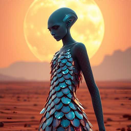 A digital painting of a humanoid alien figure with a metallic, teal-colored body and a dress made of iridescent, scale-like plates. The figure is standing in a desolate, reddish-brown landscape under a large, glowing orange moon. The background features hazy mountains and a soft, warm color palette. The figure's head is tilted downwards, giving a sense of contemplation or sadness. The overall style is futuristic and otherworldly, with a focus on texture and light.