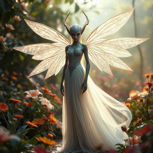 A fairy with wings and horns stands in a garden filled with orange flowers and green plants. The fairy is wearing a white dress that flows behind her as she moves through the garden.