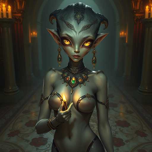 A captivating, ethereal creature with pointed ears and glowing yellow eyes holds a flickering candle in its hands. Dressed in ornate, dark attire adorned with jewels and intricate patterns, the figure stands in a dimly lit, grand hall. The art style is highly detailed and fantastical, evoking a sense of mystery and otherworldly beauty.