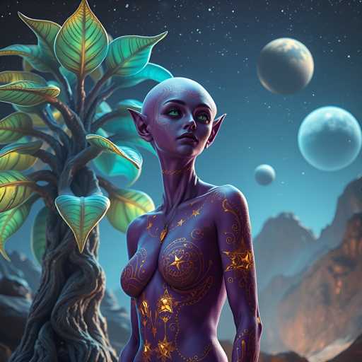 A woman with purple skin and gold stars on her chest stands in front of a tree with green leaves and blue flowers. The background features three planets floating in the sky.