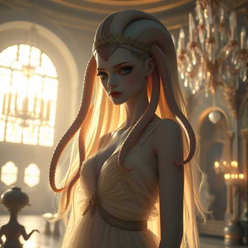A fantastical, ethereal woman with long, golden hair and tentacle-like appendages is the central focus. She wears a flowing, pale gown in an ornate, dimly lit room with large arched windows and a grand chandelier. The art style is highly detailed and dreamlike, emphasizing soft lighting and a slightly surreal atmosphere.