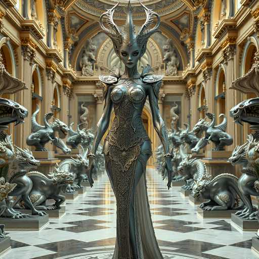 A regal, silver-clad figure with elaborate antler-like headwear stands centrally in a grand, ornate hall. The space is filled with numerous silver dragon statues lining the walls and floor, creating a symmetrical, fantastical environment. The art style is highly detailed, with intricate patterns and a focus on dramatic lighting, evoking a sense of fantasy and grandeur.