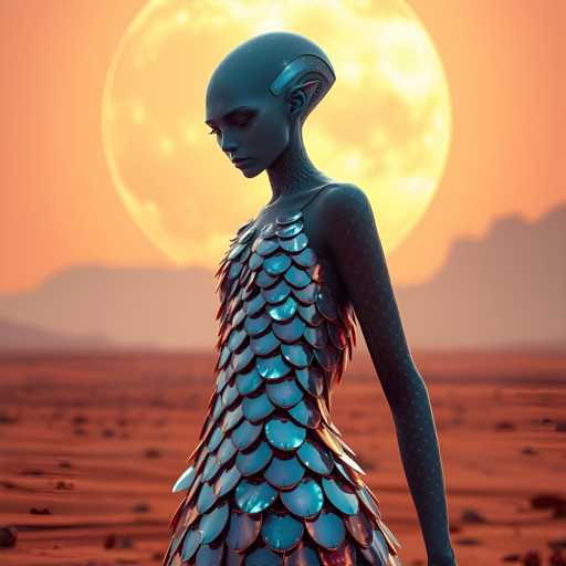 A woman with blue hair and a metallic dress stands on a rocky outcropping against the backdrop of a large orange sun.