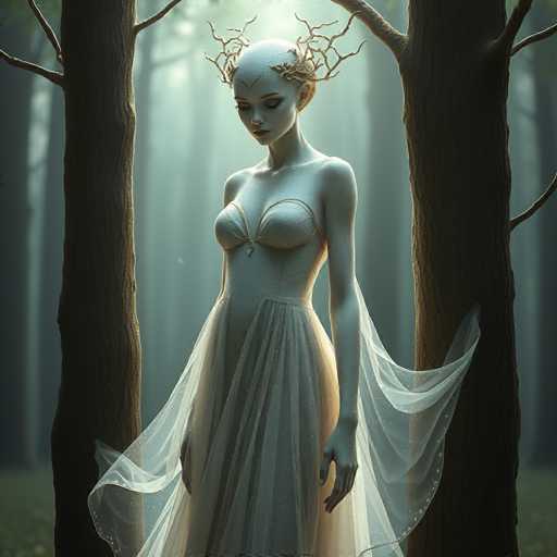 A serene, ethereal figure with pale skin and a delicate, flowing gown stands in a mystical forest. She's adorned with a crown of organic branches and appears to be gazing downwards, her features soft and otherworldly. The art style is dreamlike, with a focus on soft lighting and a muted color palette, emphasizing a tranquil, almost melancholic atmosphere.