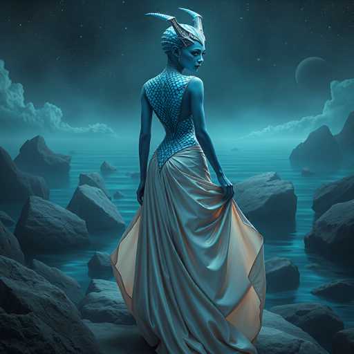 A serene, blue-toned fantasy scene features a woman with aquatic-inspired armor and flowing gown standing on a rocky shore. She gazes over the water, surrounded by dark, textured rocks and a distant moonlit sky. The art style is digital painting with a focus on ethereal lighting and detailed textures, creating a mystical atmosphere.