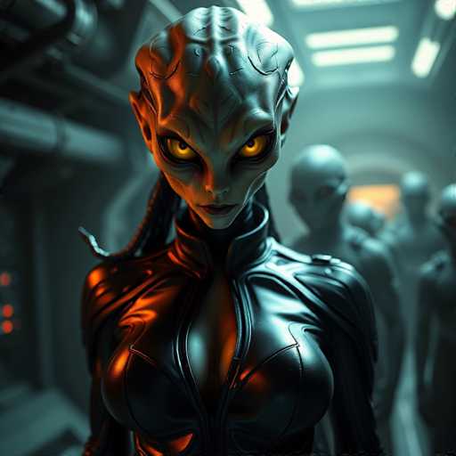 A close-up portrait of a strikingly alien female figure dominates the frame, her glowing yellow eyes piercing the viewer. She's clad in a sleek, dark suit with intricate, textured details. A blurred group of other figures stands in the background, emphasizing her central presence. The art style is futuristic and digitally rendered, with a focus on sharp lines and dramatic lighting.