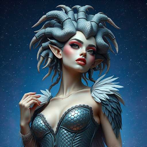 A fantastical, close-up portrait of a woman with a siren-like appearance dominates the image. She has a textured, scale-covered head with prominent horns and delicate, feathered wings. Her makeup is bold, emphasizing her expressive eyes and full lips. The art style is digital painting, with a focus on intricate detail and soft lighting against a starry blue backdrop.