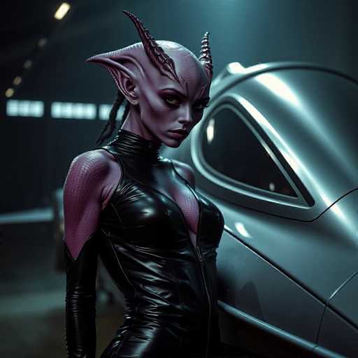 A woman with purple horns and a black outfit stands next to a silver car.