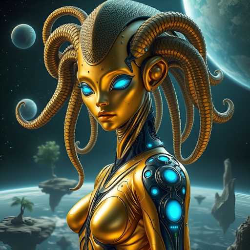 A golden, humanoid cyborg with multiple tentacles emerges from a futuristic, alien landscape. The cyborg has glowing blue eyes and intricate mechanical details throughout its body. The background features a vibrant, otherworldly planet with floating islands and a distant moon in the sky. The overall style is highly detailed and fantastical, emphasizing a blend of organic and technological elements.