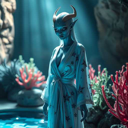 A woman with blue hair and a white dress stands in front of a pool filled with red coral plants, wearing a crown on her head.