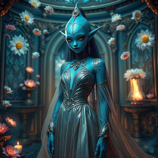 A serene, blue-skinned elven figure with pointed ears and glowing eyes stands in an ornate, dimly lit room. She wears a detailed, shimmering gown adorned with floral motifs and intricate silver accents. Floating flowers drift around her, creating a mystical atmosphere within the fantastical, softly glowing space. The art style is highly detailed and ethereal, reminiscent of digital fantasy art.