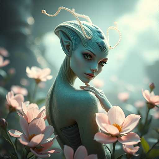 A digital illustration of a woman with green skin and horns standing amidst pink flowers. The background is dark blue, providing a stark contrast that makes the woman stand out.