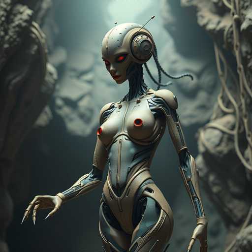 A 3D rendering of a female robot with red eyes and antennae standing on her hind legs against a dark background featuring rocks and trees.