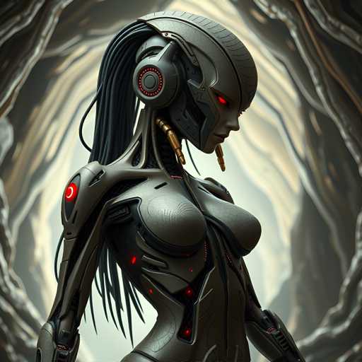 The image depicts a futuristic robot with long hair and red eyes, wearing headphones on its head. The robot is standing against a dark background that includes a cave-like structure and rocks.