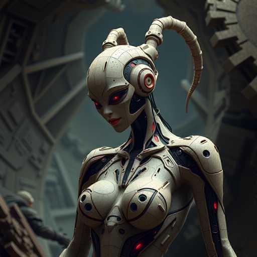 A sleek, white humanoid robot with glowing red eyes and intricate mechanical details dominates the frame. It's positioned in a dimly lit, industrial setting with blurred figures in the background, suggesting a futuristic or cyberpunk environment. The art style is highly detailed and digital, emphasizing intricate textures and sharp lines.