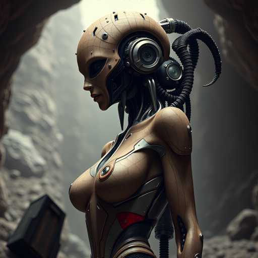 A 3D rendering of a female robot with a skull and horns on her head, wearing a silver suit that has red accents and a helmet with a camera attached to it. The background is dark and features a rocky cliff face.