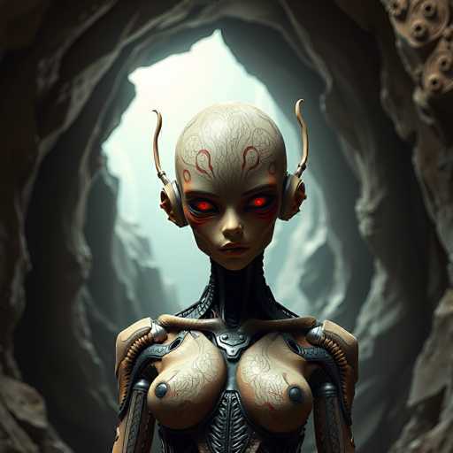 A close-up portrait of a humanoid cyborg with glowing red eyes dominates the frame. The subject's body is intricately detailed with metallic textures and organic patterns, set against a dark, cavernous background. The art style is futuristic and surreal, emphasizing a blend of technology and biological elements.