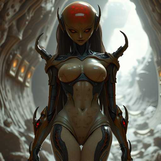 A woman with red hair and a skull-like headdress stands in the center of an underground cave, holding a sword in her right hand. The cave is filled with rocks and debris, creating a sense of darkness and mystery.