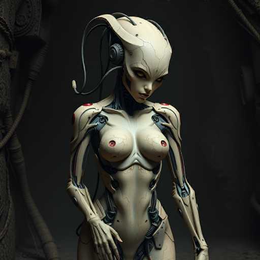 A detailed, futuristic android figure dominates the frame, showcasing a blend of organic and mechanical elements. The art style is highly detailed and realistic, with muted earth tones emphasizing a sense of quiet contemplation. The android's head is adorned with intricate, curved ear-like structures and delicate, glowing eyes.
