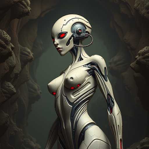 A sleek, white humanoid robot with glowing red eyes stands in a dimly lit, cavernous space. The art style is futuristic and detailed, emphasizing smooth, metallic textures and intricate mechanical design. The robot's body is partially obscured by the textured cave walls, creating a sense of mystery and depth.
