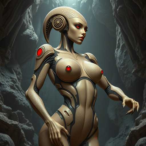 A 3D rendering of a female robot with red eyes and horns on her head, standing in front of a cave entrance. The robot is wearing a beige suit with blue accents and has large red eyes that seem to glow against the dark background.