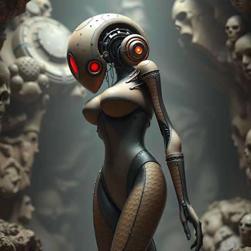 A sleek, metallic android with glowing red eyes stands in a dimly lit, surreal space filled with fragmented human skulls. The art style is futuristic and slightly unsettling, emphasizing a blend of organic and mechanical forms with a muted, textured aesthetic. The android's posture is poised, drawing attention to its intricate, almost alien design within the bizarre environment.