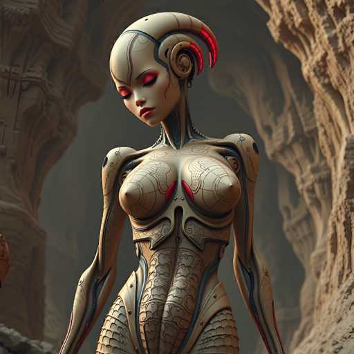 A sleek, humanoid robot with a smooth, beige body and glowing red accents stands in a dimly lit, cavernous space. The robot's form is detailed with intricate, organic-looking patterns, suggesting a blend of technology and nature. The spatial relationship places the robot as the central focus within the vast, textured environment, creating a sense of mystery and scale. The art style is futuristic and slightly surreal.