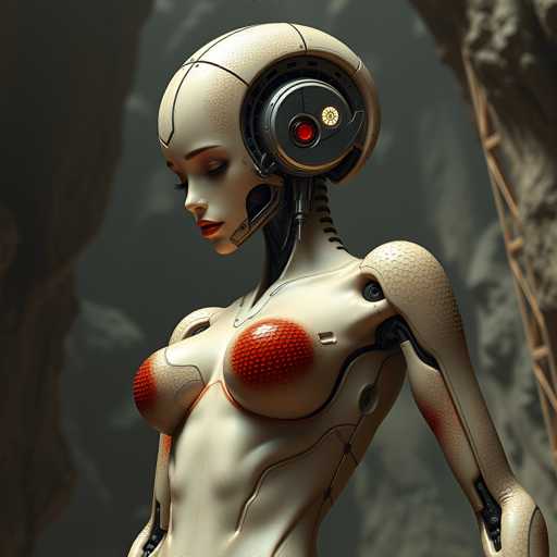 A 3D rendering of a female robot with a white body and red eyes, wearing a helmet that has a camera on top. The robot is standing against a dark background, which includes a rock wall and a cave-like structure in the distance.