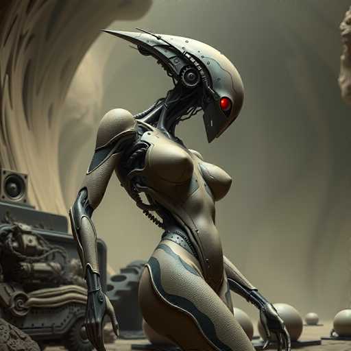 A sleek, humanoid robot with a metallic, organic design stands in a minimalist, futuristic setting. The robot's body is predominantly beige with dark accents, featuring a large, red eye and intricate mechanical details. It's positioned in front of a blurred background with geometric shapes, creating a sense of depth and technological mystery. The art style is highly detailed and digital, emphasizing smooth curves and sharp lines.